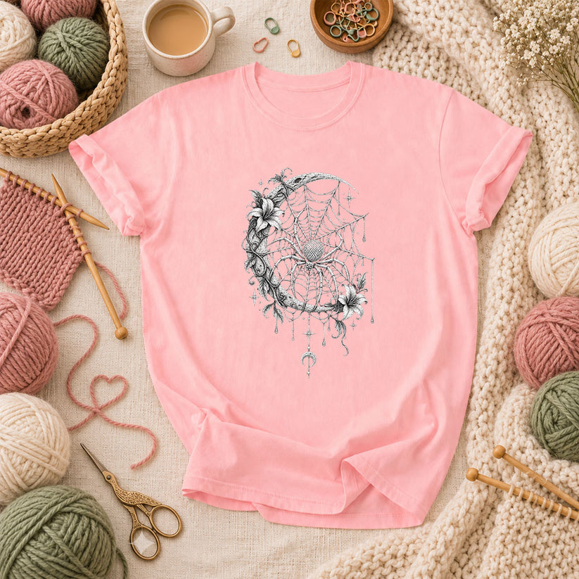 Gothic Spider Web Moon Botanical T-Shirt - Pink