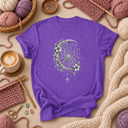 Gothic Spider Web Moon Botanical T-Shirt - Purple