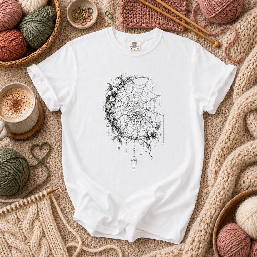 Gothic Spider Web Moon Botanical T-Shirt - White