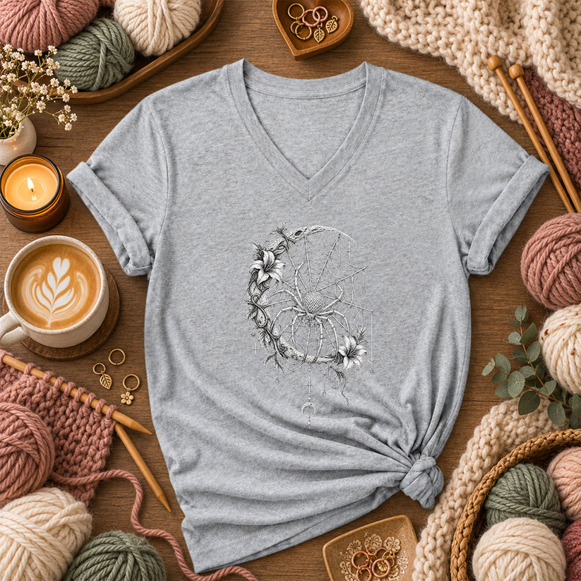 Gothic Spider Web Moon Botanical Women's V-Neck - Athletic Heather