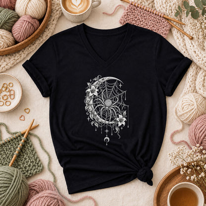 Gothic Spider Web Moon Botanical Women's V-Neck - Black