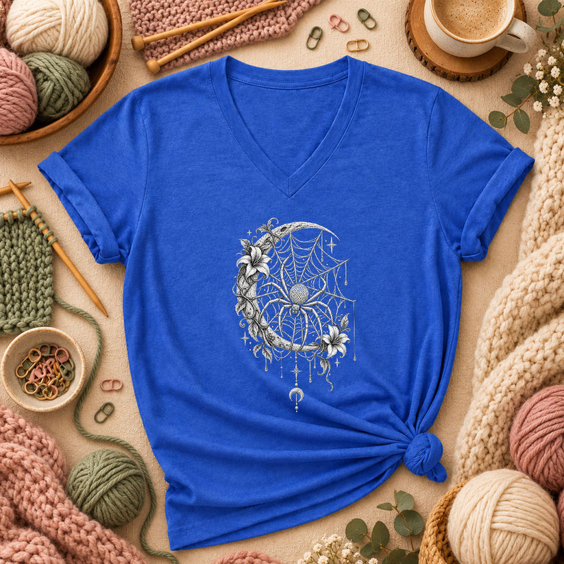 Gothic Spider Web Moon Botanical Women's V-Neck - Heather True Royal