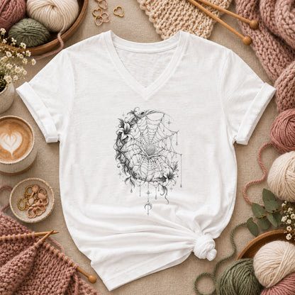 Gothic Spider Web Moon Botanical Women's V-Neck - White