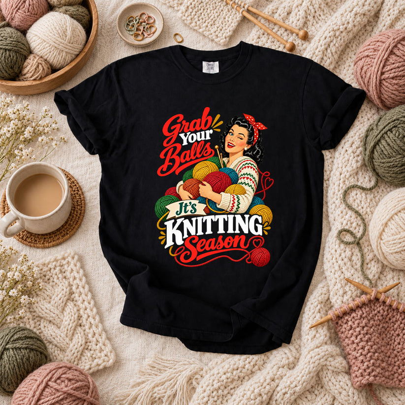 Grab Your Balls It's Knitting Season T-Shirt - Black