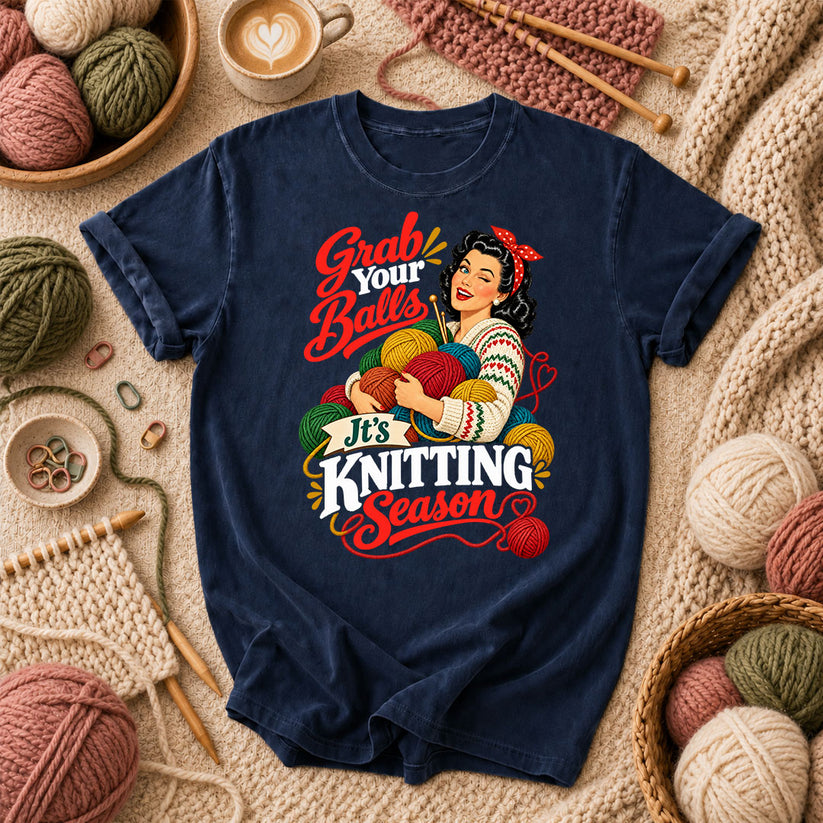 Grab Your Balls It's Knitting Season T-Shirt - Navy