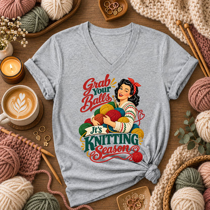 Grab Your Balls It's Knitting Season Women's V-Neck - Athletic Heather