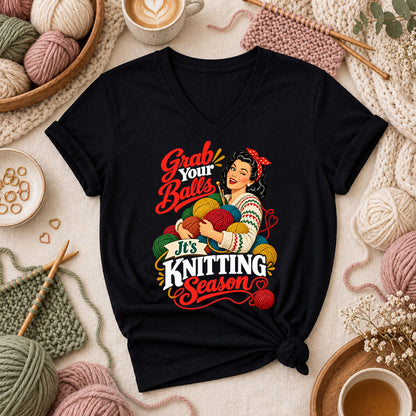 Grab Your Balls It's Knitting Season Women's V-Neck - Black