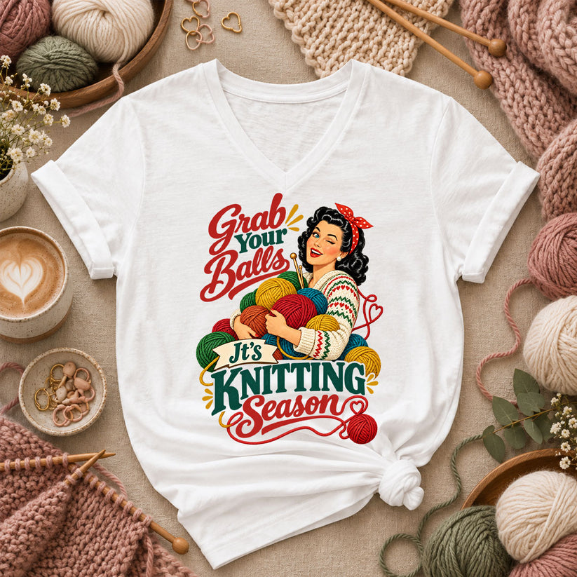 Grab Your Balls It's Knitting Season Women's V-Neck - White