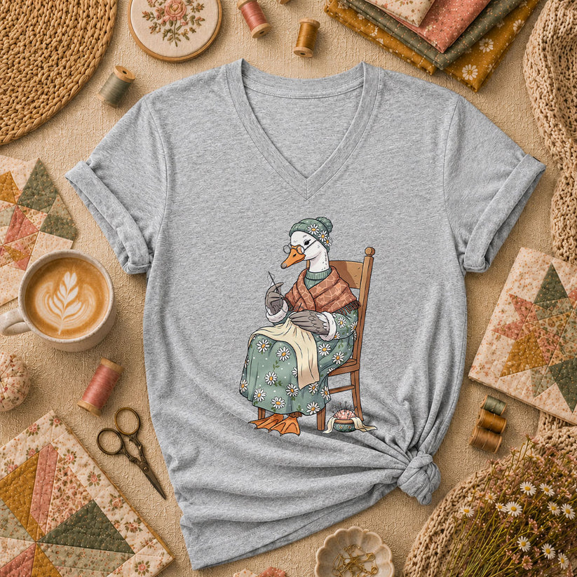 Grandma Goose Knitting Rocking Chair Vintage Women's V-Neck - Athletic Heather