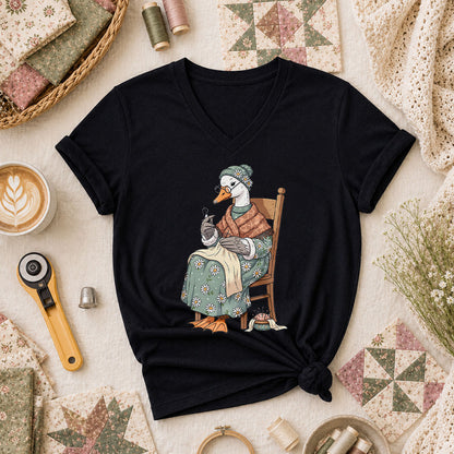 Grandma Goose Knitting Rocking Chair Vintage Women's V-Neck - Black