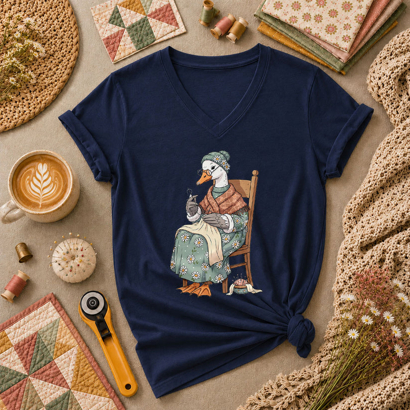 Grandma Goose Knitting Rocking Chair Vintage Women's V-Neck - Navy