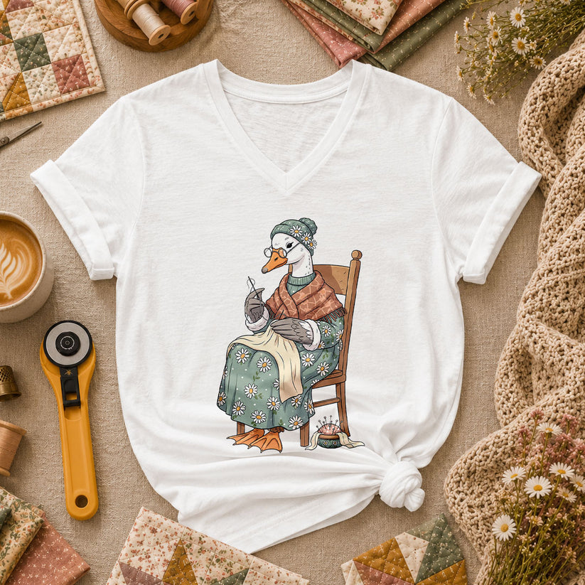Grandma Goose Knitting Rocking Chair Vintage Women's V-Neck - White