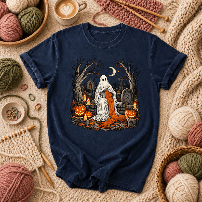 Graveyard Ghost Knitter T-Shirt - Navy
