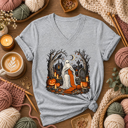 Graveyard Ghost Knitter Women's V-Neck - Athletic Heather