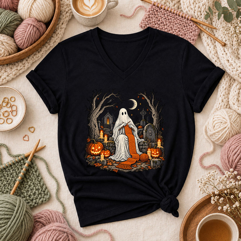 Graveyard Ghost Knitter Women's V-Neck - Black