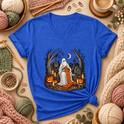 Graveyard Ghost Knitter Women's V-Neck - Heather True Royal