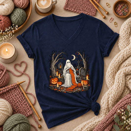 Graveyard Ghost Knitter Women's V-Neck - Navy