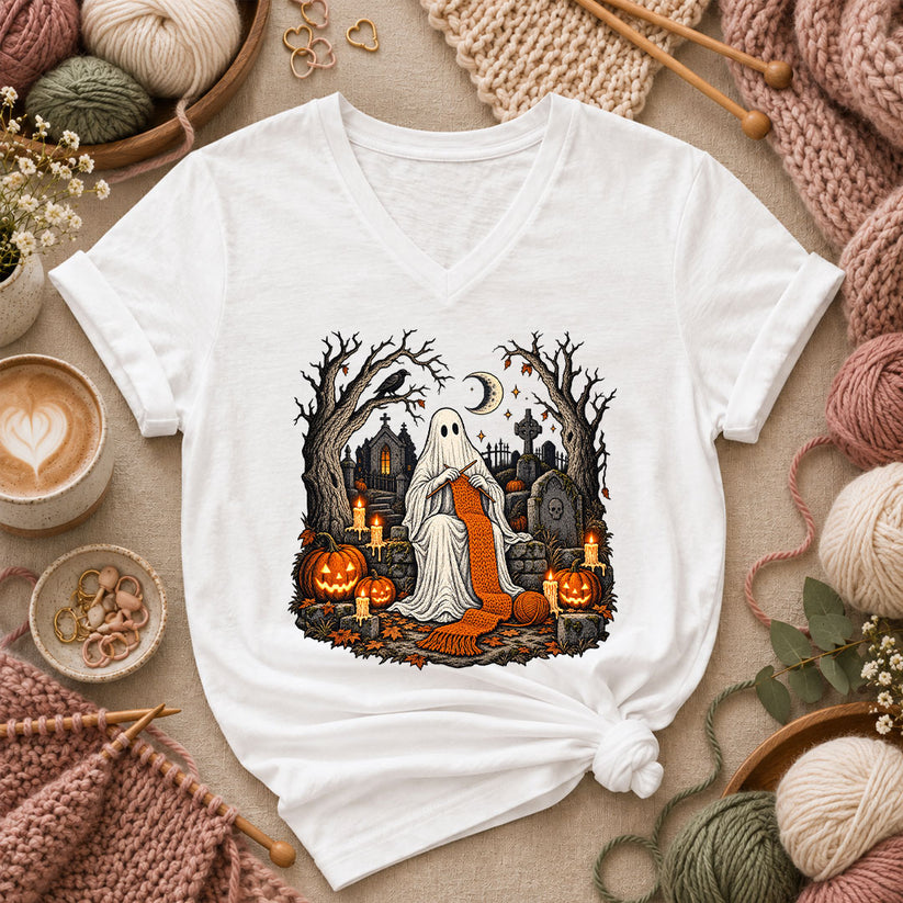 Graveyard Ghost Knitter Women's V-Neck - White