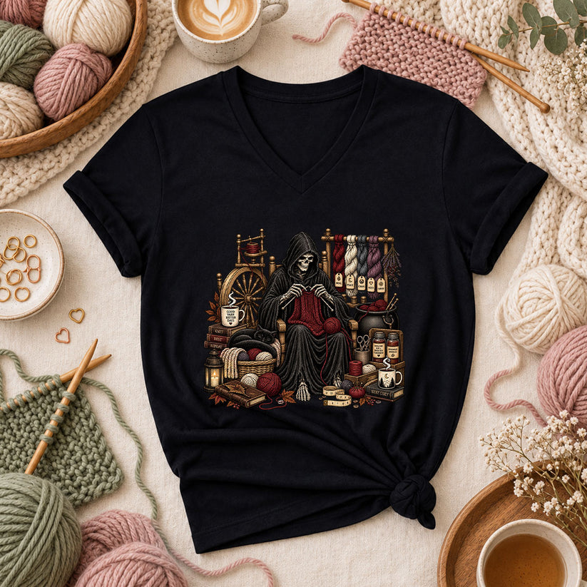 Grim Reaper Knitting Room Women's V-Neck - Black