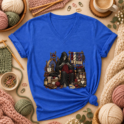 Grim Reaper Knitting Room Women's V-Neck - Heather True Royal
