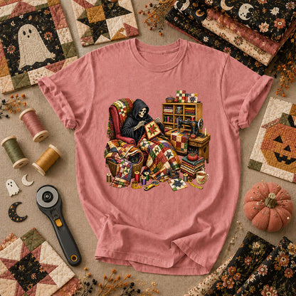 Grim Reaper Quilting In Armchair T-Shirt - Heather Mauve