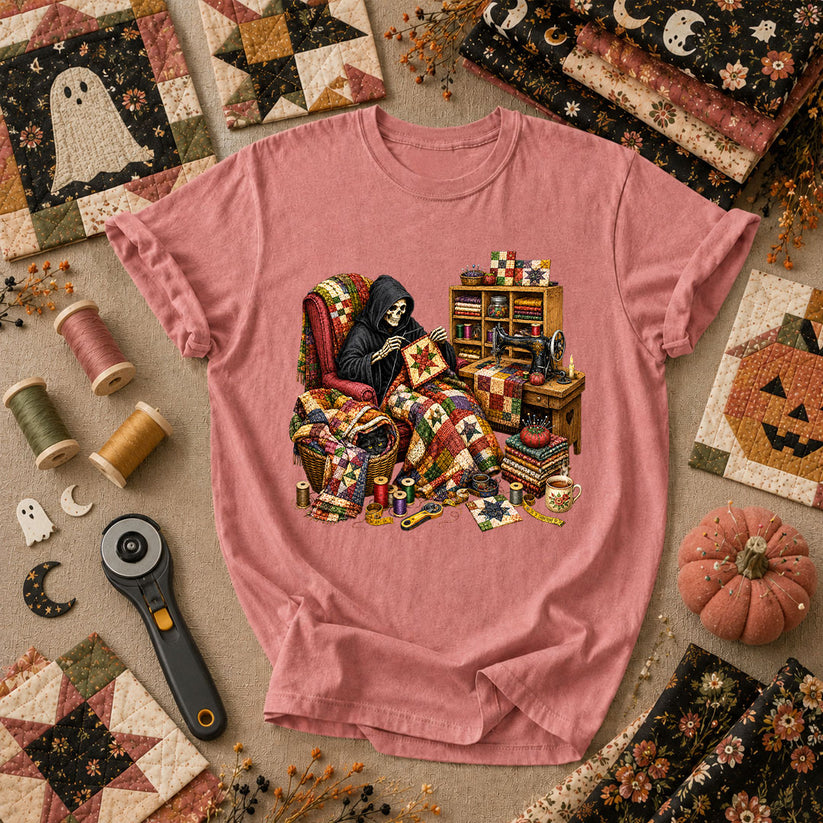 Grim Reaper Quilting In Armchair T-Shirt - Heather Mauve