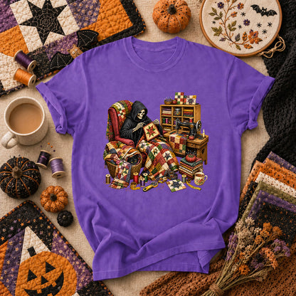 Grim Reaper Quilting In Armchair T-Shirt - Heather Team Purple