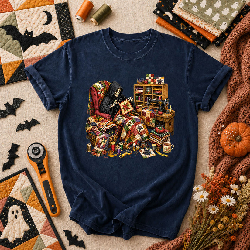 Grim Reaper Quilting In Armchair T-Shirt - Navy