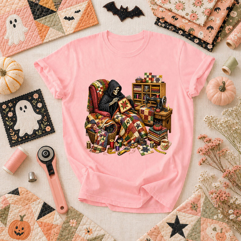 Grim Reaper Quilting In Armchair T-Shirt - Pink