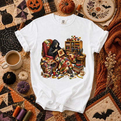 Grim Reaper Quilting In Armchair T-Shirt - White