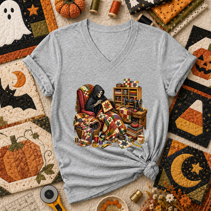 Grim Reaper Quilting In Armchair Women's V-Neck - Athletic Heather