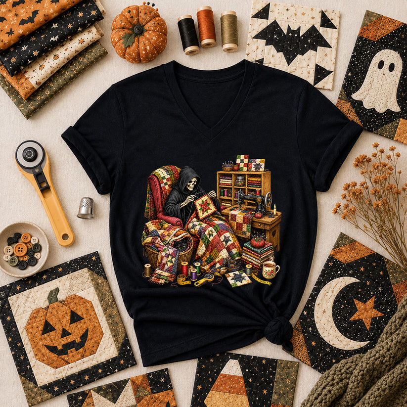 Grim Reaper Quilting In Armchair Women's V-Neck - Black