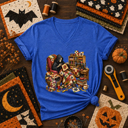 Grim Reaper Quilting In Armchair Women's V-Neck - Heather True Royal