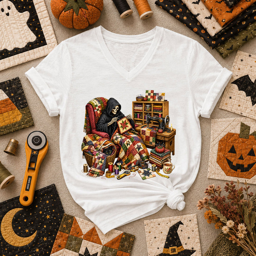 Grim Reaper Quilting In Armchair Women's V-Neck - White