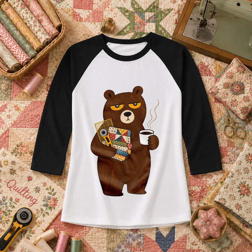 Grumpy Bear With Coffee And Quilt Fabric Raglan Sleeve - Black
