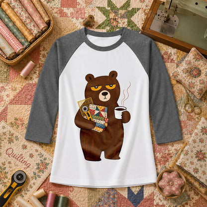 Grumpy Bear With Coffee And Quilt Fabric Raglan Sleeve - Deep Heather