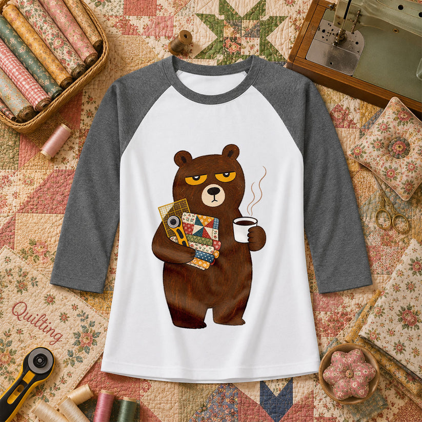 Grumpy Bear With Coffee And Quilt Fabric Raglan Sleeve - Deep Heather