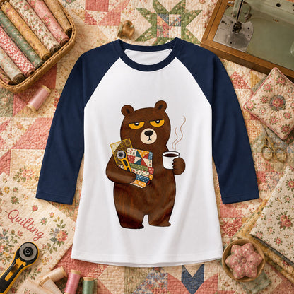 Grumpy Bear With Coffee And Quilt Fabric Raglan Sleeve - Navy