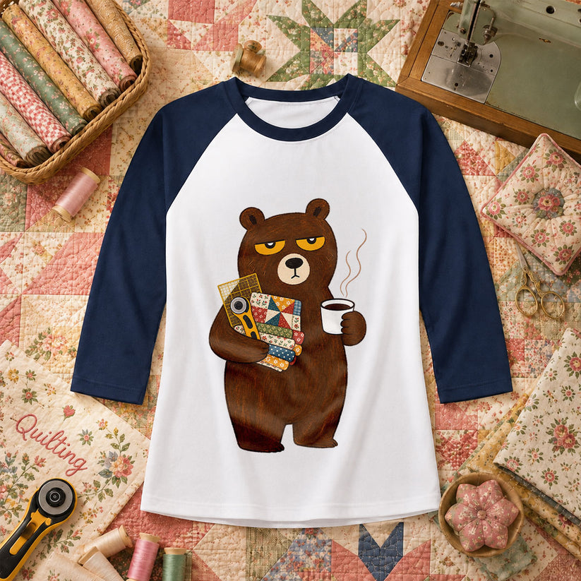 Grumpy Bear With Coffee And Quilt Fabric Raglan Sleeve - Navy