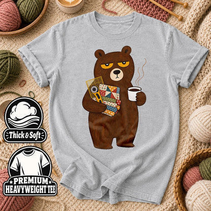 Grumpy Bear With Coffee And Quilt Fabric T-Shirt - Athletic Heather