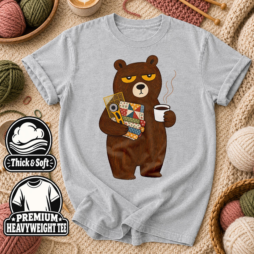 Grumpy Bear With Coffee And Quilt Fabric T-Shirt - Athletic Heather