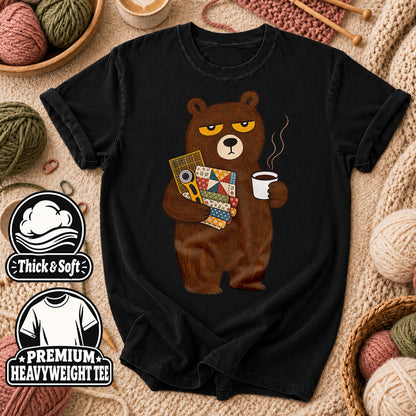 Grumpy Bear With Coffee And Quilt Fabric T-Shirt - Black