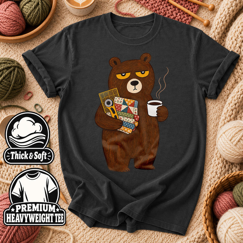 Grumpy Bear With Coffee And Quilt Fabric T-Shirt - Dark Heather Grey