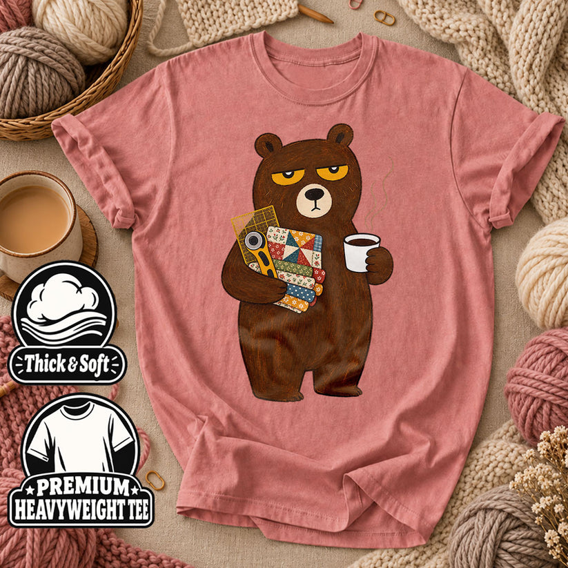 Grumpy Bear With Coffee And Quilt Fabric T-Shirt - Heather Mauve