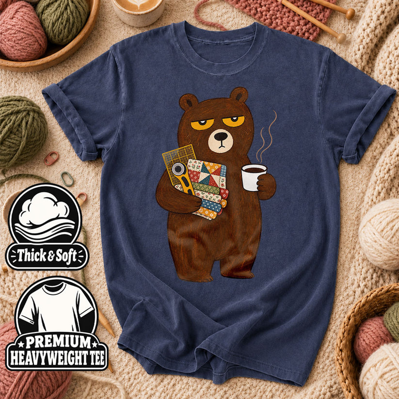 Grumpy Bear With Coffee And Quilt Fabric T-Shirt - Heather Navy