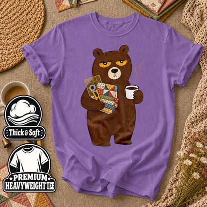 Grumpy Bear With Coffee And Quilt Fabric T-Shirt - Heather Team Purple