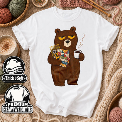 Grumpy Bear With Coffee And Quilt Fabric T-Shirt - White