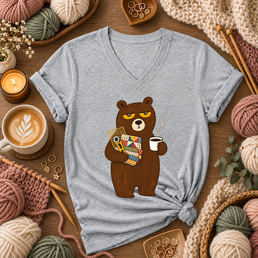 Grumpy Bear With Coffee And Quilt Fabric Women's V-Neck - Athletic Heather