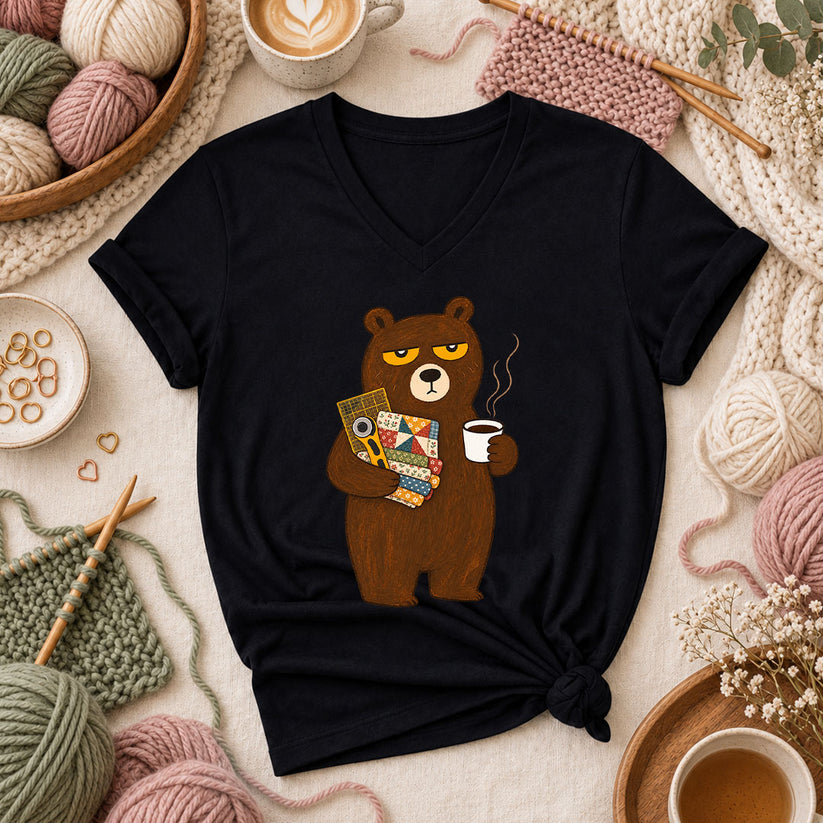 Grumpy Bear With Coffee And Quilt Fabric Women's V-Neck - Black