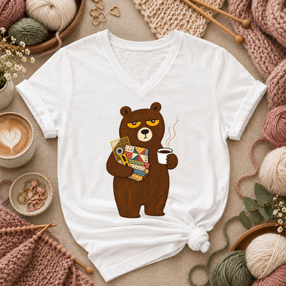 Grumpy Bear With Coffee And Quilt Fabric Women's V-Neck - White